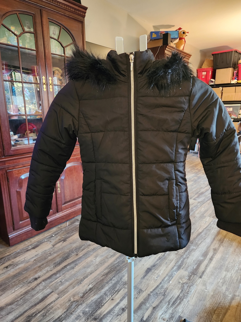 Guess Black Girls' Puffer Jacket with Faux Fur Hood